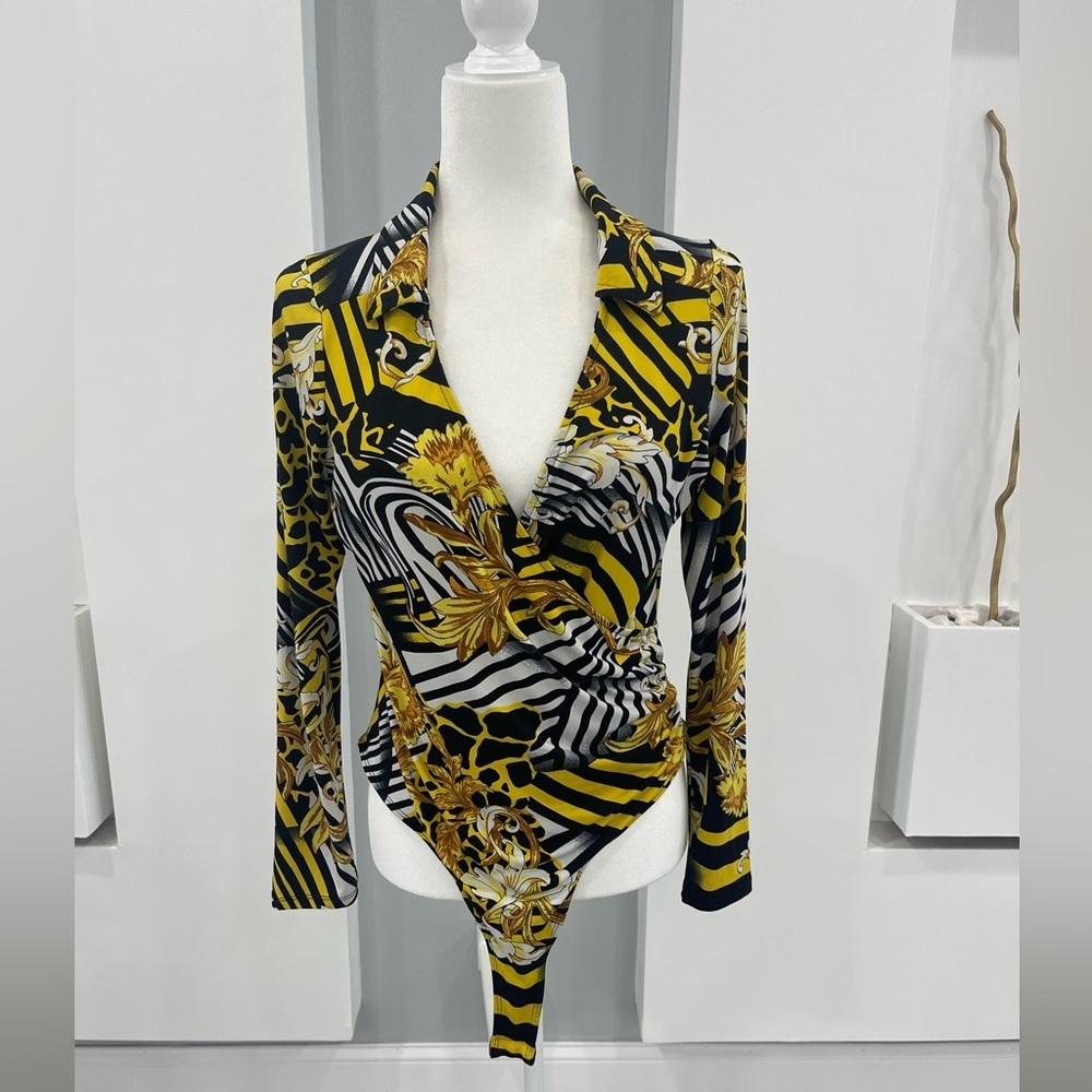 Black and White Long Sleeve Wrap Bodysuit